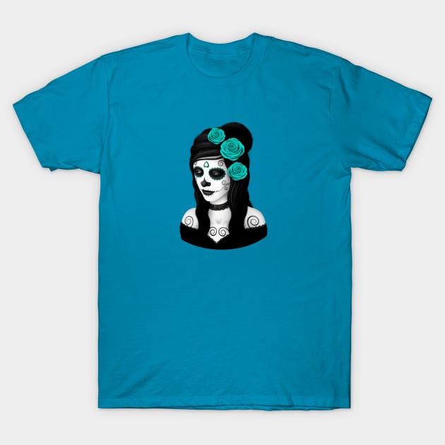 Day of the Dead Girl with Teal Blue Roses T-Shirt by jeffbartels